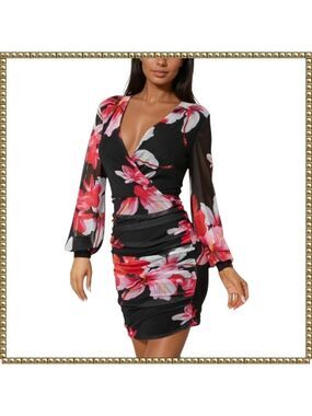 Bebe Black Long Sleeve Ruched Mesh Wrap Mini Dress Extra Large